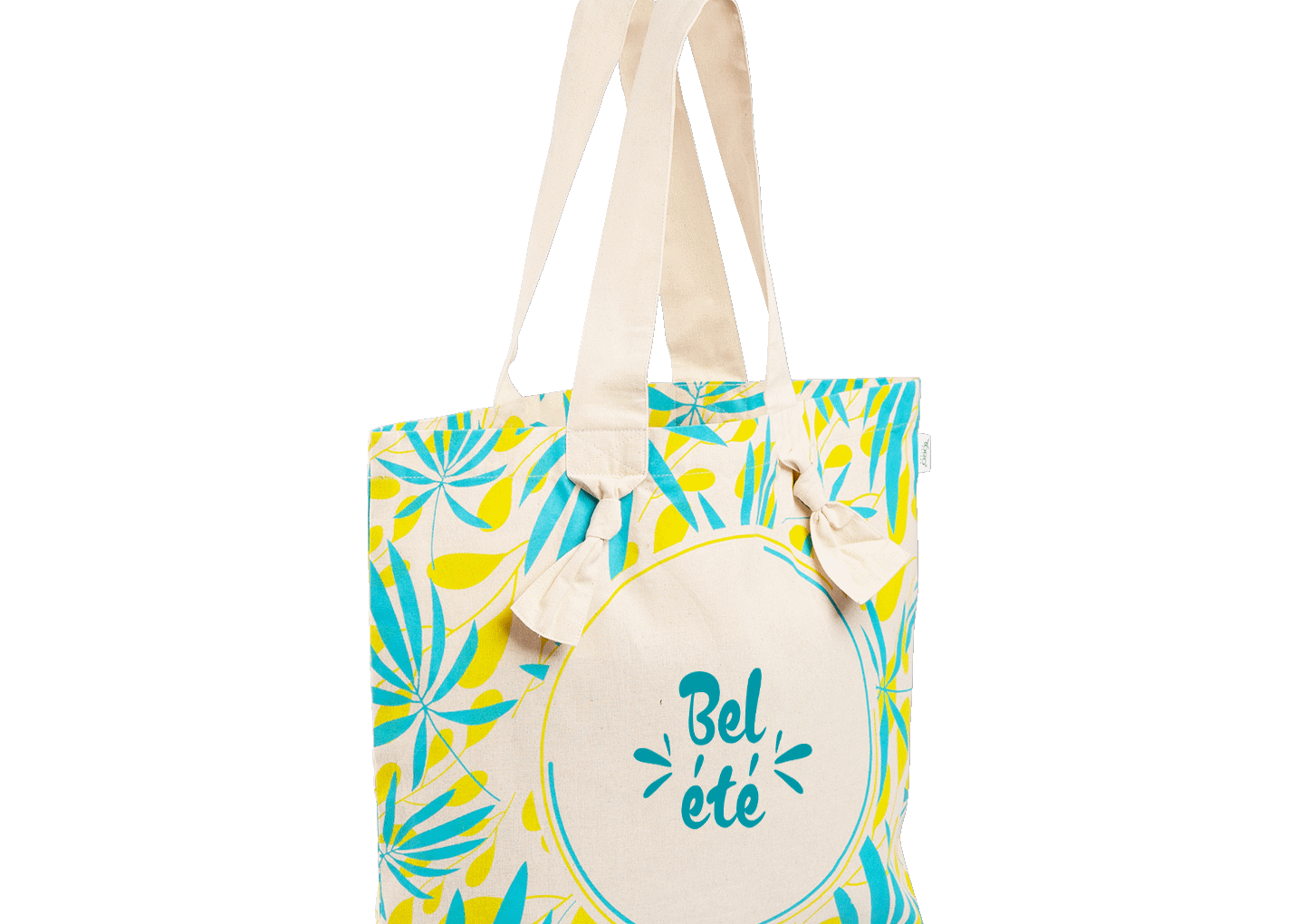 Sac coton réutilisable Bel été motif estival bleu et vert compagnon de plage idéal pour vos clients.