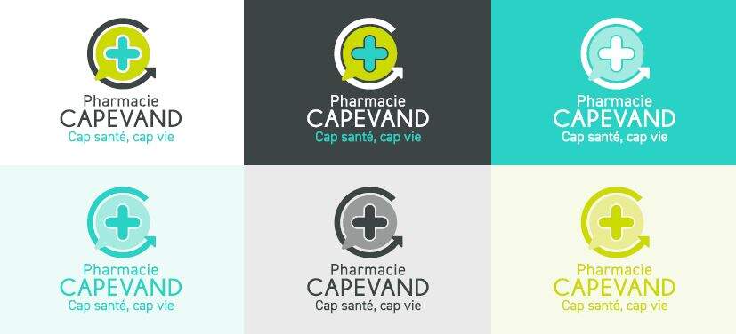 6 logos de la pharmacie Capevand avec des couleurs d'écriture et de fonds différents.