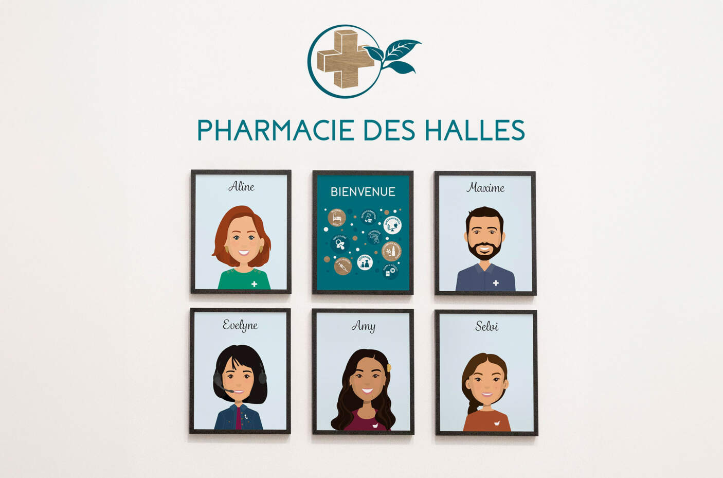 Présentation des avatars d'une pharmacie sous forme de tableau d'art ainsi qu'une affiche bienvenue.