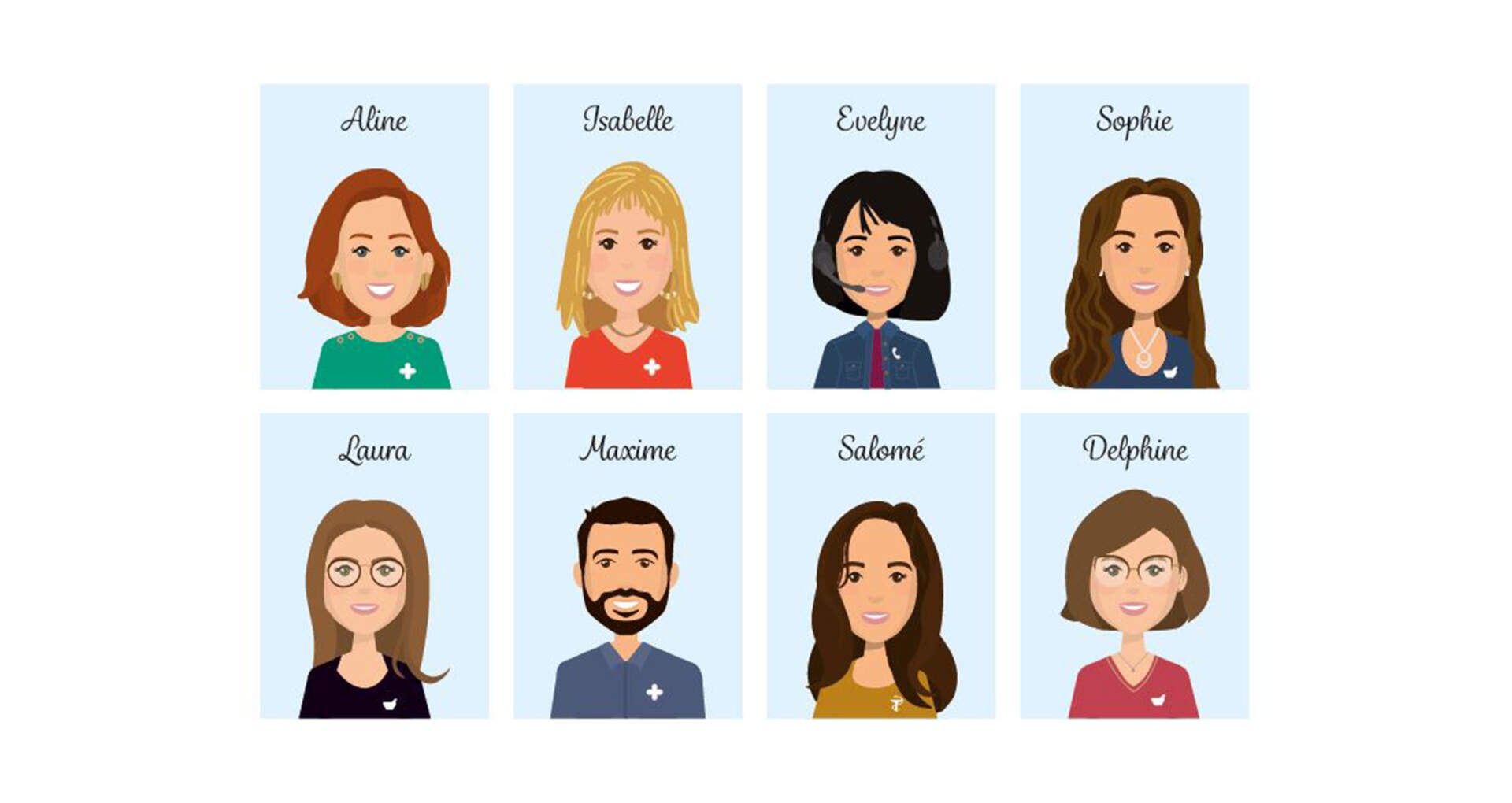 Image de huit avatars de collaborateurs d'une pharmacie avec leur nom inscrit en haut de leur tête.
