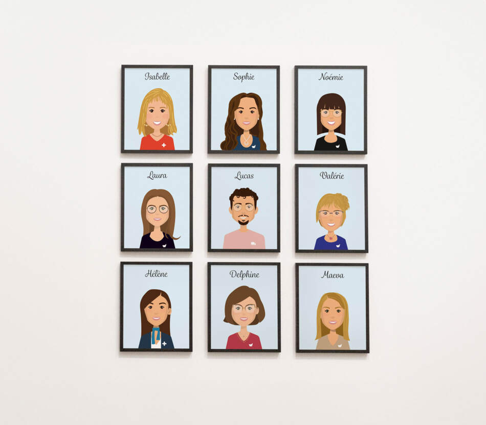 Image d'avatars de collaborateurs d'une pharmacie sous forme de tableau d'art avec leur nom.