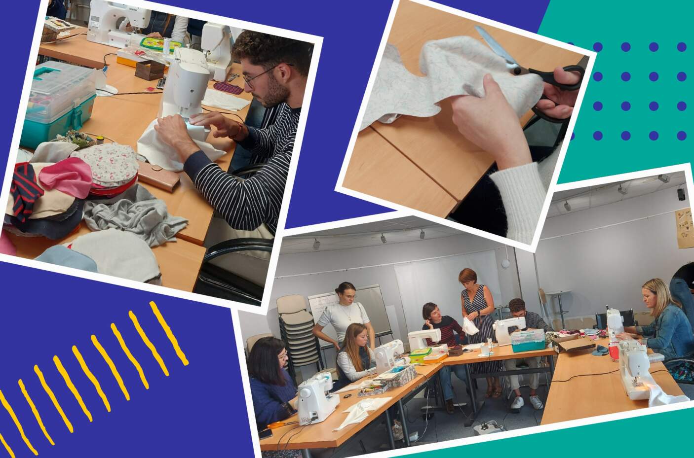 Atelier couture avec plusieurs personnes utilisant des machines à coudre et découpant du tissu
