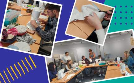 Atelier couture avec plusieurs personnes utilisant des machines à coudre et découpant du tissu